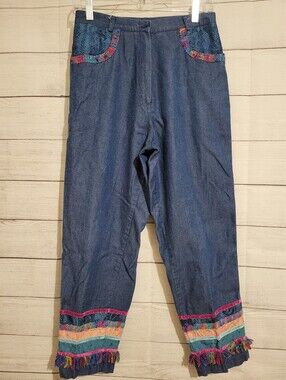Vintage Lori Lundon Pant  Denim Boho Embroidered Fringe Colorful Wom Size 8 70s